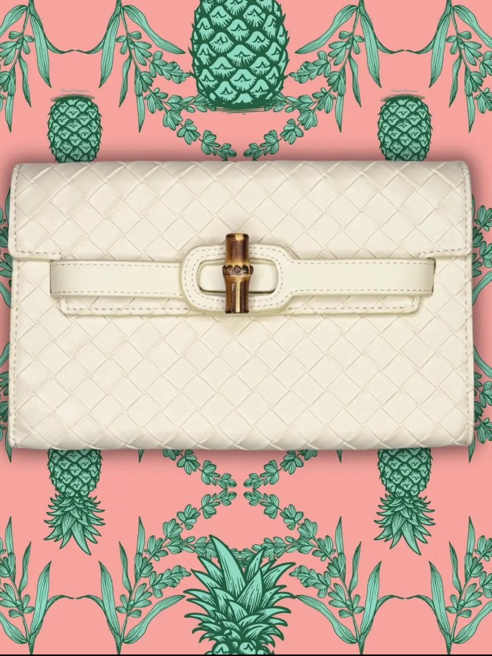 Cream Woven faux Leather Clutch with Bamboo Accent